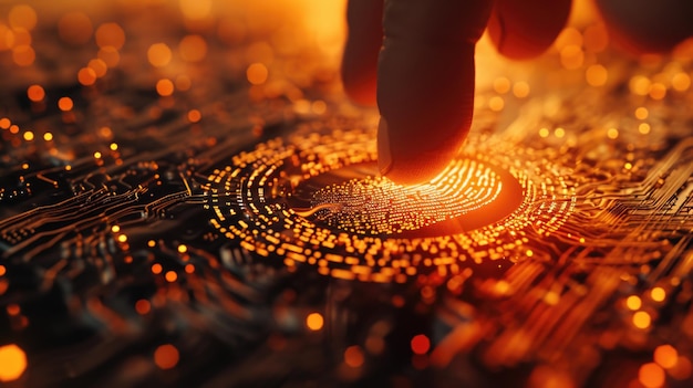 Photo une image en gros plan d'un doigt touchant une empreinte sur une carte de circuit imprimé cette image peut être utilisée pour représenter l'authentification biométrique de cybersécurité ou les avancées technologiques