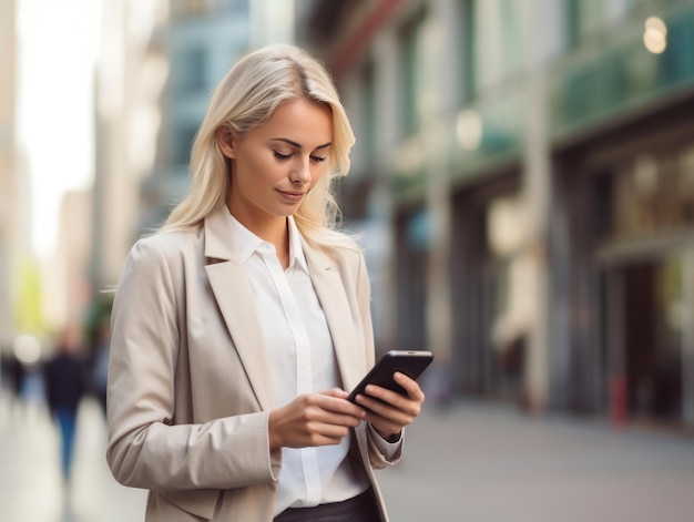 Image en gros plan d'une femme d'affaires regardant un téléphone portable intelligent à l'extérieur Une femme d'affaire en réseau en train de taper un message SMS dans une rue de la ville