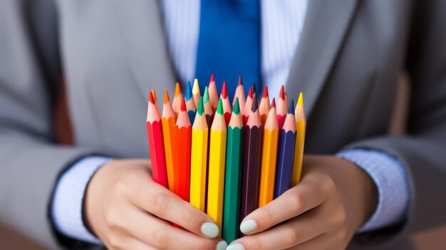 Photo image en gros plan d'une femme d'affaires tenant des crayons colorés dans ses mains ai générative