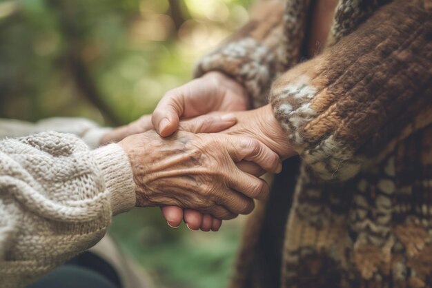 Photo image en gros plan une femme âgée et une travailleuse sociale gériatrique sont représentées tenant la main