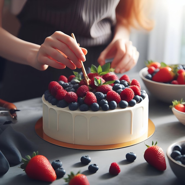 Image en gros plan d'une femme décorant un délicieux gâteau avec des baies et des fraises