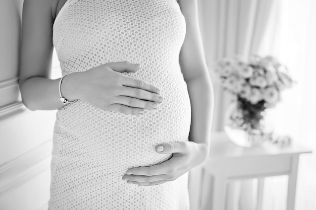 Image en gros plan d'une femme enceinte touchant son ventre avec les mains Concept de famille heureuse