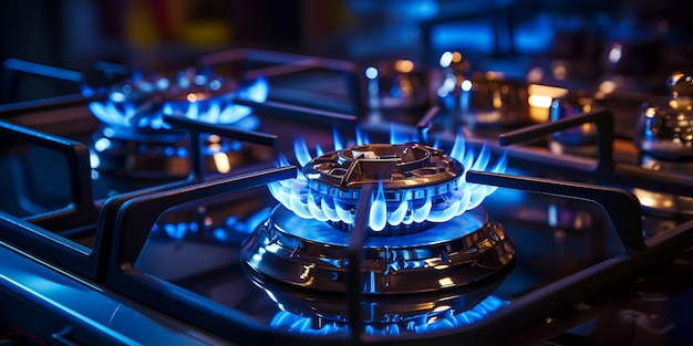 Une image en gros plan d'une flamme bleue brûlant sur un poêle à gaz propane dans une cuisine domestique