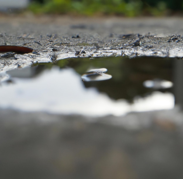 Image d'un gros plan d'une flaque de pluie avec réflexion et bordure de boue