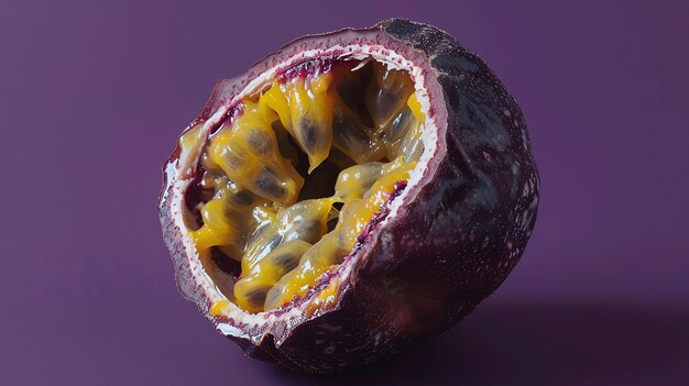 Photo image en gros plan d'un fruit de la passion coupé en deux avec un fond violet le fruit de la passion est un fruit tropical au goût sucré et piquant