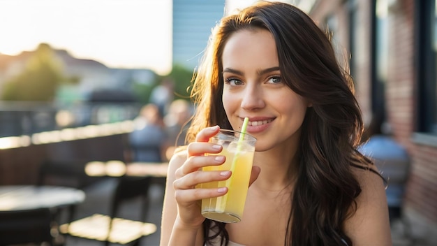 Image en gros plan d'une jolie femme brune buvant une savoureuse limonade et regardant la caméra en train de profiter du temps