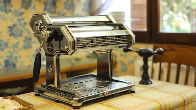Photo une image en gros plan d'une machine à pâtes vintage sur une table la machine à pâte est en métal et a une manivelle à main