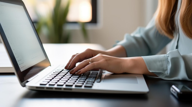 Image en gros plan des mains d'une femme d'affaires travaillant et tapant sur un clavier d'ordinateur portable sur une table Créé avec la technologie Generative AI