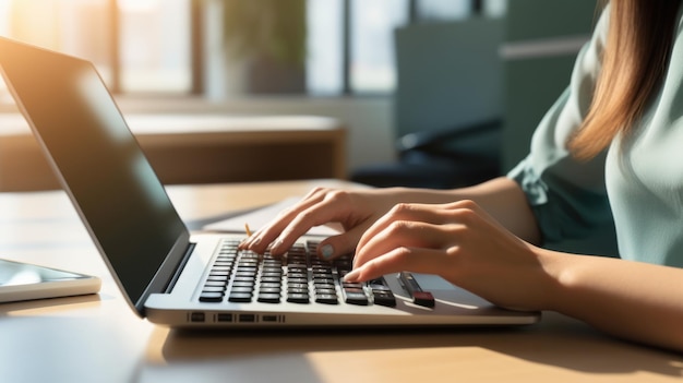 Image en gros plan des mains d'une femme d'affaires travaillant et tapant sur le clavier d'un ordinateur portable sur une table créée avec la technologie d'intelligence artificielle générative