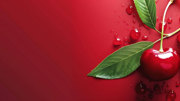 Photo une image en gros plan d'une paire de cerises rouges avec des feuilles vertes sur un fond rouge les cerises sont mûres et juteuses et les feuilles sont fraîches et vertes
