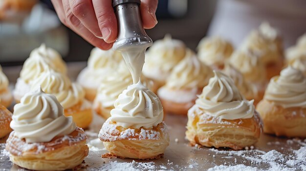 Une image en gros plan d'un pâtissier qui met de la crème sur une bouffée de crème. La bouffette de crème est assise sur une feuille de cuisson avec d'autres bouffées de crème