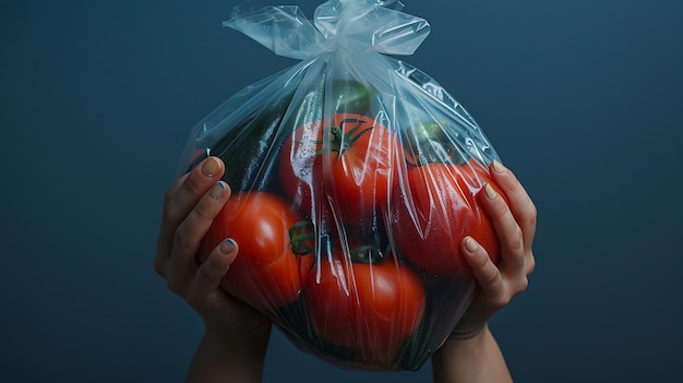 Une image en gros plan d'une personne tenant un sac en plastique transparent rempli de tomates fraîches mûres