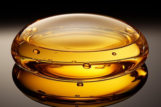 Image en gros plan d'un récipient en verre rempli de liquide ambre avec des bulles