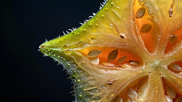 Photo image en gros plan d'une section transversale d'un fruit étoile montrant son intérieur juteux et ses graines le fruit est mûr et prêt à être mangé