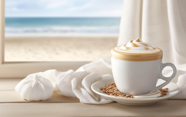 Photo image en gros plan d'une tasse de café sur une table près d'une fenêtre surplombant la mer