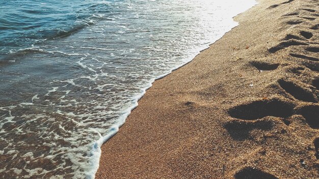 Image en gros plan des vagues de la mer calme roulant sur le sable humide sur la plage de la mer