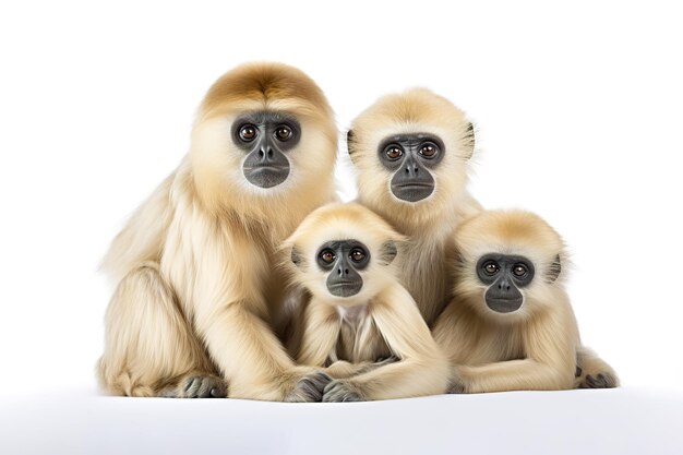 Image d'un groupe familial de gibbons sur fond blanc Illustration d'animaux sauvages IA générative