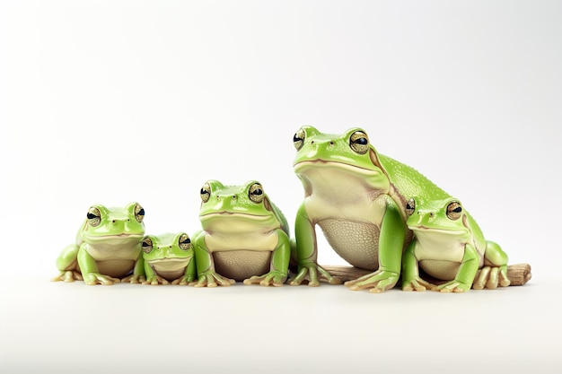 Image d'un groupe familial de grenouilles vertes sur fond blanc Illustration d'amphibiens IA générative