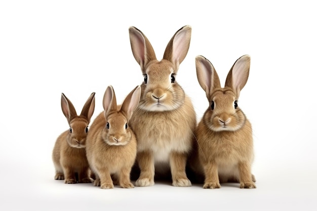 Image d'un groupe familial de lapins sur fond blanc Illustration d'animaux de la faune AI générative