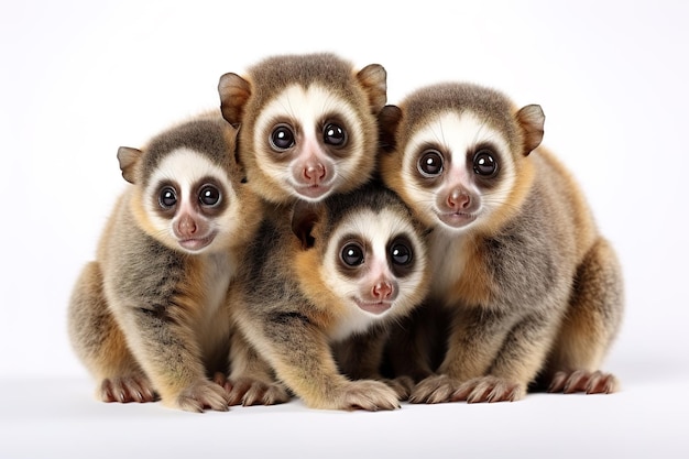 Photo image d'un groupe familial de loris lent sur fond blanc illustration d'animaux de la faune ai générative