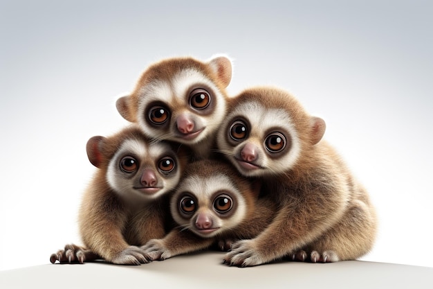 Photo image d'un groupe familial de loris lent sur fond blanc illustration d'animaux de la faune ai générative