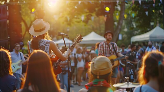 Photo une image d'un groupe jouant lors d'un festival de musique en plein air. la foule apprécie la musique et l'atmosphère est détendue et heureuse.