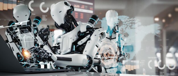 Image d'un groupe de robots travaillant sur un ordinateur