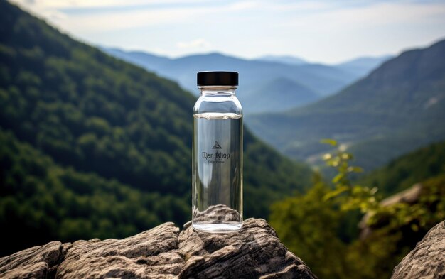 Image de haute qualité d'une bouteille d'eau sur une surface texturée avec des montagnes