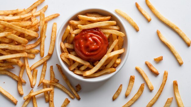 Image de haute qualité de frites croustillantes avec un ketchup rouge sur un fond blanc