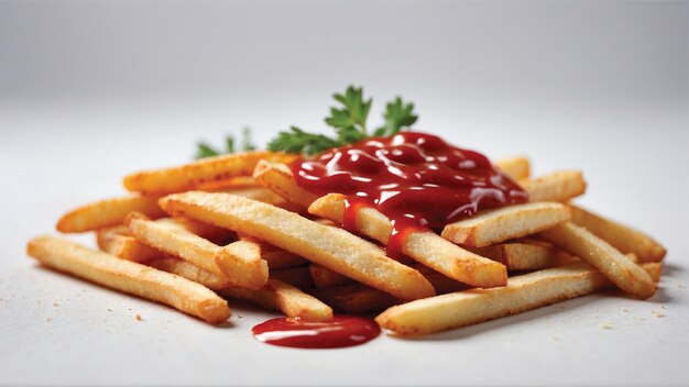 Photo image de haute qualité de frites croustillantes avec un ketchup rouge sur un fond blanc