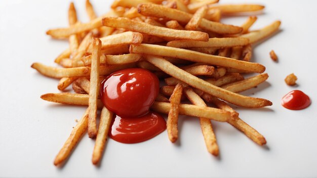 Image de haute qualité de frites croustillantes avec un ketchup rouge sur un fond propre
