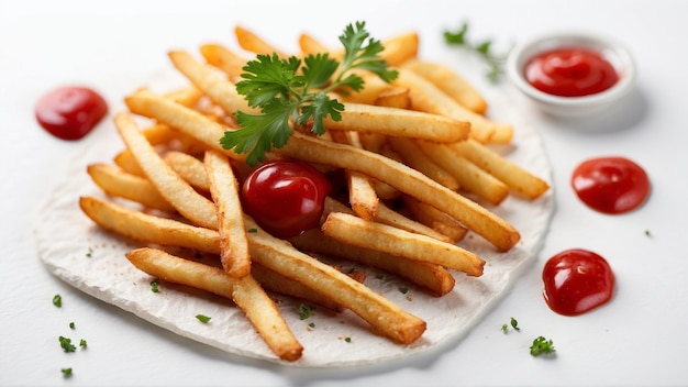 Image de haute qualité de frites croustillantes avec un ketchup rouge sur un fond propre