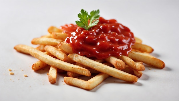 Image de haute qualité de frites croustillantes avec un ketchup rouge sur un fond propre