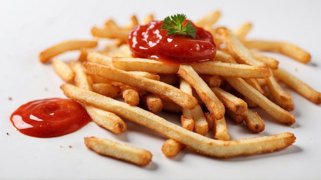 Image de haute qualité de frites croustillantes avec un ketchup rouge sur un fond propre