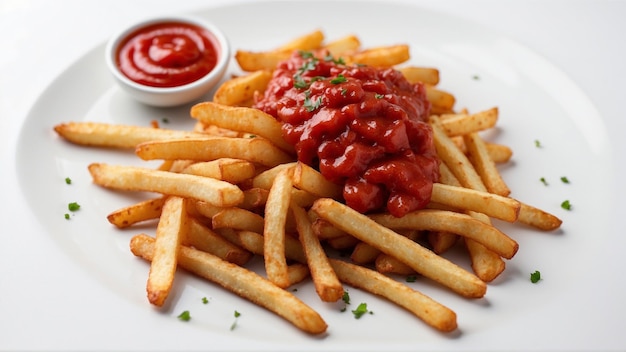 Image de haute qualité de frites croustillantes avec un ketchup rouge sur un fond propre