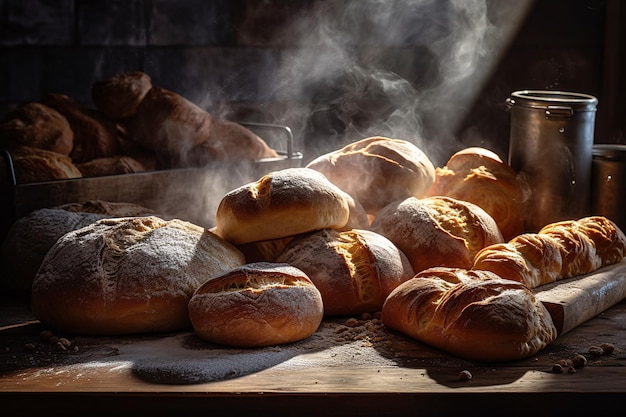 Image de haute qualité de pain et de pâtisseries fraîchement cuits avec de la vapeur qui s'en dégage Ai générative