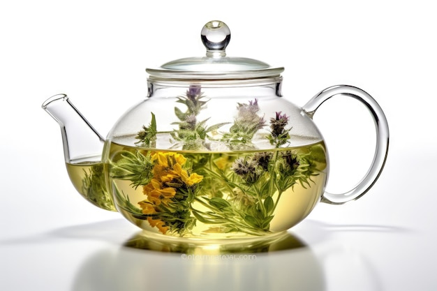 Image de haute qualité de thé à base de plantes dans une théière en verre parfait pour le petit déjeuner ou une cérémonie du thé
