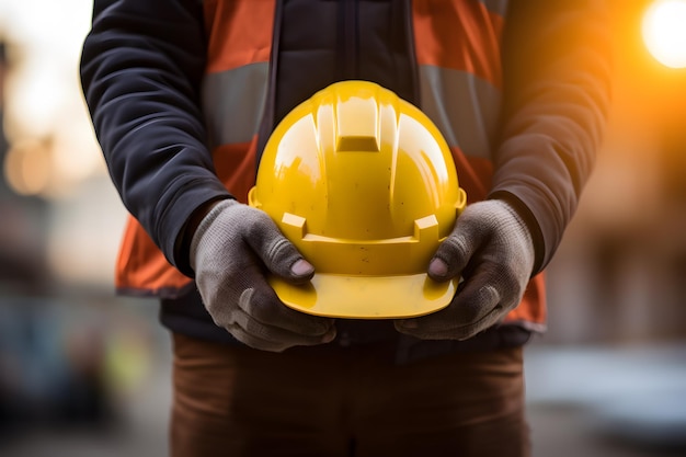 Image de haute qualité d'un travailleur de la construction qualifié tenant fièrement un casque généré par l'IA