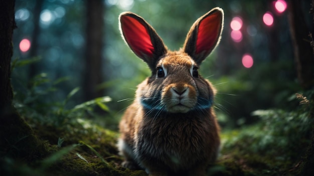 Une image en haute résolution d'un mignon lapin dans une forêt magique