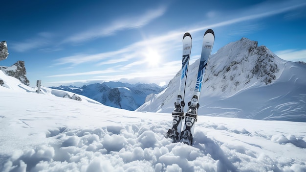 Une image haute résolution d'un ski et de bâtons contre une montagne enneigée