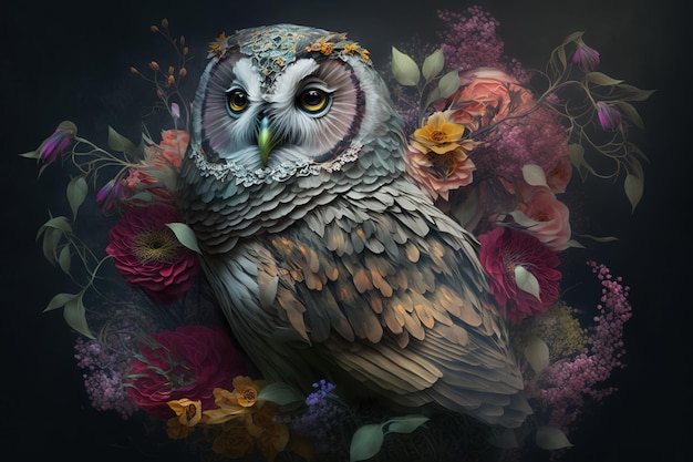 Image de hibou aux couleurs vives avec des fleurs tropicales colorées Illustration d'oiseaux d'animaux sauvages AI générative