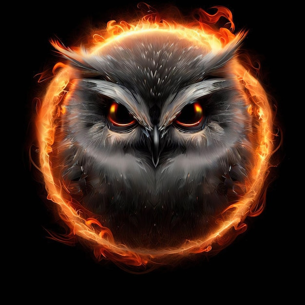 Une image d'un hibou avec des yeux orange et un anneau de feu dessus