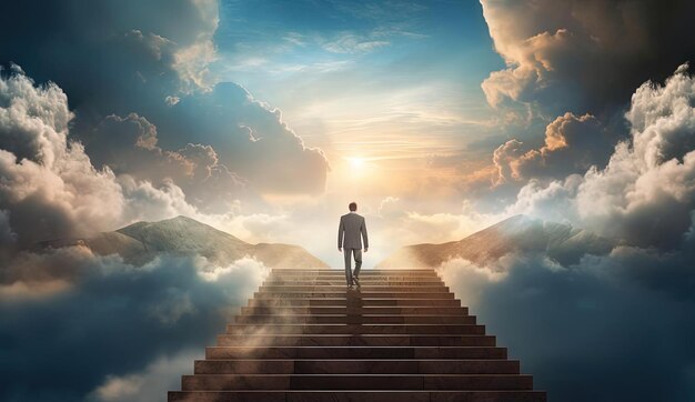 Photo image d'un homme d'affaires debout sur l'escalier menant au paradis dans le style de raphael lacoste