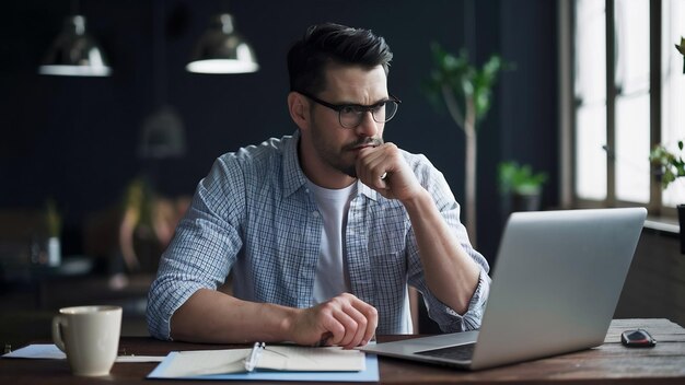 Image d'un homme d'affaires non rasé concentré regardant un important webinar ou une conférence en ligne