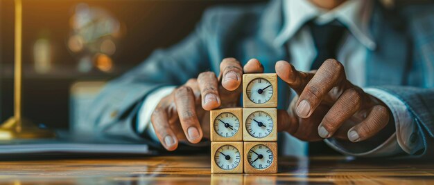 Une image d'un homme d'affaires tenant un cube en bois en forme de réveil démontrant comment réduire les coûts en économisant du temps au travail