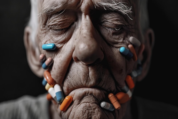 Une image d'un homme âgé avec des pilules disposées sur son visage illustrant la médecine et le vieillissement Un portrait conceptuel montrant l'effet du vieillissement de l'abus d'opioïdes au fil du temps