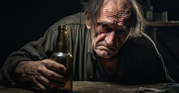 image d'un homme âgé, sa main agrippant une bouteille, ses yeux reflétant des années de chagrin et de dépendance