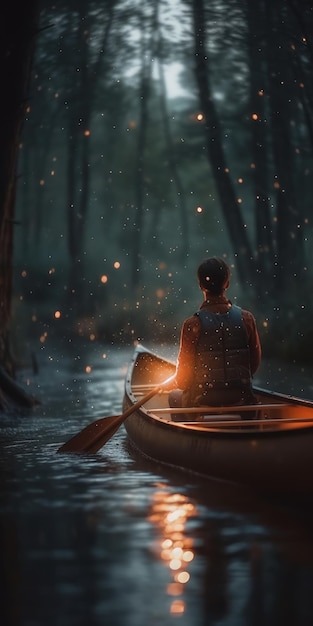 Image d'un homme assis dans un canot dans la rivière AI générative