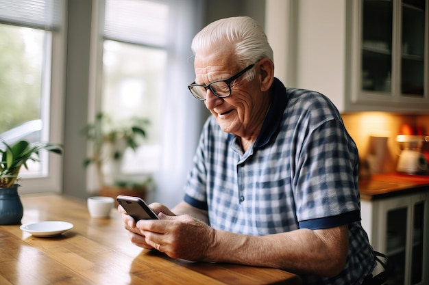 Image d'un homme blanc âgé avec un smartphone dans un intérieur de maison