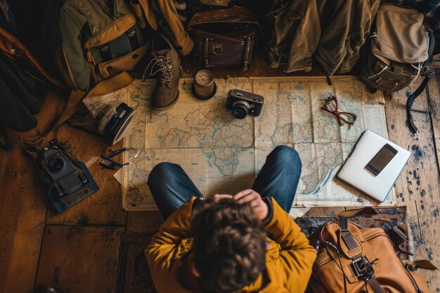 L'image de l'homme caucasien regardant la carte du monde aigx